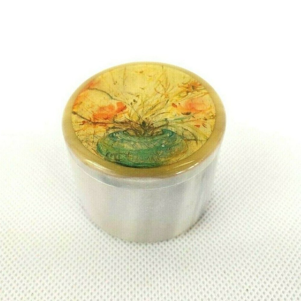 VINTAGE MARBLE ROUND PIN TRINKET BOX WITH INLAY DESIGN ON TOP CLEARANCE 2"